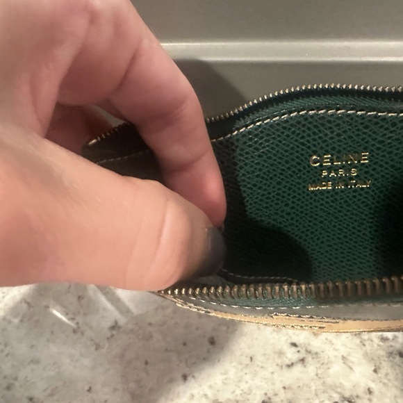 Celine Dark Green Textured Leather Coin Pouch with Gold Stamping - Picture 2 of 6